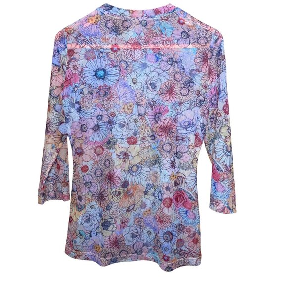 Johnny Was Womens Size Small Crewneck Multicolor Floral Mid-Sleeve Tee Casual - Picture 3 of 8